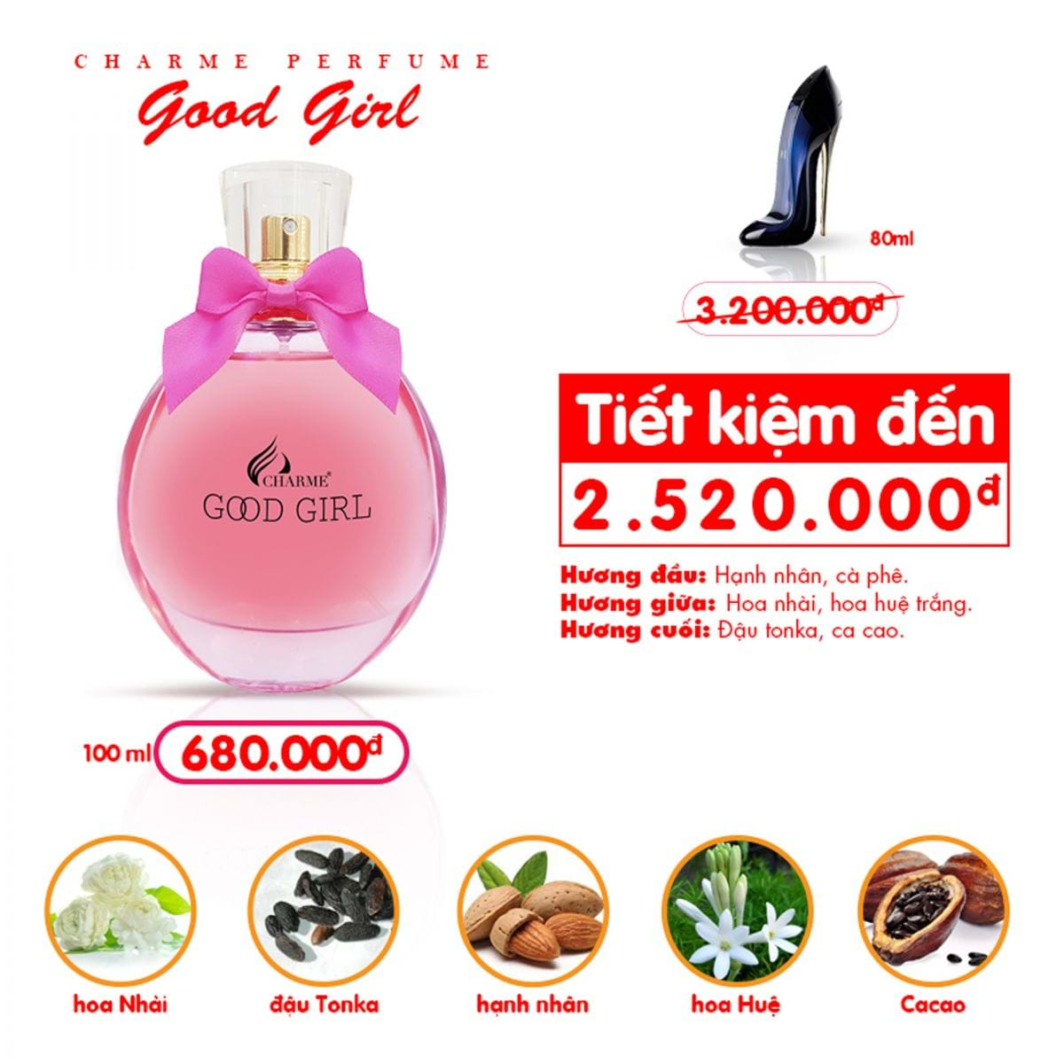 Thành phần tạo nên chai nước hoa Good Girl đầy cá tính, gợi cảm, quyến rũ, nổi bật và lôi cuốn.